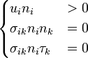 {\begin{cases}u_{i}n_{i}&>0\\\sigma _{{ik}}n_{i}n_{k}&=0\\\sigma _{{ik}}n_{i}\tau _{k}&=0\end{cases}}