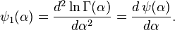 \psi _{1}(\alpha )={\frac  {d^{2}\ln \Gamma (\alpha )}{d\alpha ^{2}}}={\frac  {d\,\psi (\alpha )}{d\alpha }}.