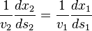 {\frac  {1}{v_{2}}}{\frac  {dx_{2}}{ds_{2}}}={\frac  {1}{v_{1}}}{\frac  {dx_{1}}{ds_{1}}}