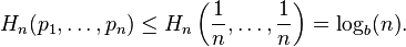 H_{n}(p_{1},\ldots ,p_{n})\leq H_{n}\left({\frac  {1}{n}},\ldots ,{\frac  {1}{n}}\right)=\log _{b}(n).