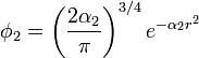 {\mathbf  \phi }_{2}=\left({\frac  {2\alpha _{2}}{\pi }}\right)^{{3/4}}e^{{-\alpha _{2}r^{2}}}