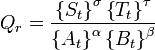 Q_{r}={\frac  {\left\{S_{t}\right\}^{\sigma }\left\{T_{t}\right\}^{\tau }}{\left\{A_{t}\right\}^{\alpha }\left\{B_{t}\right\}^{\beta }}}