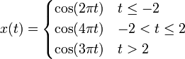 x(t)={\begin{cases}\cos(2\pi t)&t\leq -2\\\cos(4\pi t)&-2<t\leq 2\\\cos(3\pi t)&t>2\end{cases}}