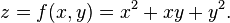 z=f(x,y)=\,\!x^{2}+xy+y^{2}.\,