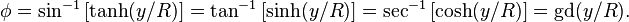 {\begin{aligned}\phi &=\sin ^{{-1}}\left[\tanh(y/R)\right]=\tan ^{{-1}}\left[\sinh(y/R)\right]=\sec ^{{-1}}\left[\cosh(y/R)\right]={\mbox{gd}}(y/R).\end{aligned}}