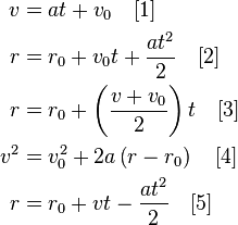 {\begin{aligned}v&=at+v_{0}\quad [1]\\r&=r_{0}+v_{0}t+{\frac  {{a}t^{2}}{2}}\quad [2]\\r&=r_{0}+\left({\frac  {v+v_{0}}{2}}\right)t\quad [3]\\v^{2}&=v_{0}^{2}+2a\left(r-r_{0}\right)\quad [4]\\r&=r_{0}+vt-{\frac  {{a}t^{2}}{2}}\quad [5]\\\end{aligned}}