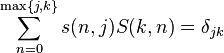 \sum _{{n=0}}^{{\max\{j,k\}}}s(n,j)S(k,n)=\delta _{{jk}}