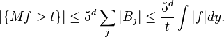 |\{Mf>t\}|\leq 5^{d}\sum _{j}|B_{j}|\leq {5^{d} \over t}\int |f|dy.