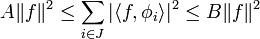 A\|f\|^{2}\leq \sum _{{i\in J}}|\langle f,\phi _{i}\rangle |^{2}\leq B\|f\|^{2}