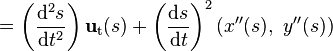 =\left({\frac  {{\mathrm  {d}}^{2}s}{{\mathrm  {d}}t^{2}}}\right){\mathbf  {u}}_{{\mathrm  {t}}}(s)+\left({\frac  {{\mathrm  {d}}s}{{\mathrm  {d}}t}}\right)^{2}\left(x''(s),\ y''(s)\right)