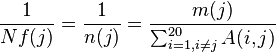 {\frac  {1}{Nf(j)}}={\frac  {1}{n(j)}}={\frac  {m(j)}{\sum _{{i=1,i\neq j}}^{{20}}A(i,j)}}