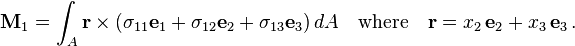 {\mathbf  {M}}_{1}=\int _{A}{\mathbf  {r}}\times (\sigma _{{11}}{\mathbf  {e}}_{1}+\sigma _{{12}}{\mathbf  {e}}_{2}+\sigma _{{13}}{\mathbf  {e}}_{3})\,dA\quad {\text{where}}\quad {\mathbf  {r}}=x_{2}\,{\mathbf  {e}}_{2}+x_{3}\,{\mathbf  {e}}_{3}\,.