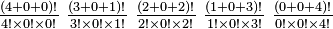 \textstyle {(4+0+0)! \over 4!\times 0!\times 0!}\ {(3+0+1)! \over 3!\times 0!\times 1!}\ {(2+0+2)! \over 2!\times 0!\times 2!}\ {(1+0+3)! \over 1!\times 0!\times 3!}\ {(0+0+4)! \over 0!\times 0!\times 4!}