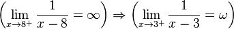 \left(\lim _{{x\to 8^{+}}}{\frac  {1}{x-8}}=\infty \right)\Rightarrow \left(\lim _{{x\to 3^{+}}}{\frac  {1}{x-3}}=\omega \right)