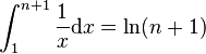 \int _{1}^{{n+1}}{\frac  {1}{x}}{\mathrm  {d}}x=\ln(n+1)