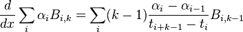 {\frac  {d}{dx}}\sum _{i}\alpha _{i}B_{{i,k}}=\sum _{i}(k-1){\frac  {\alpha _{i}-\alpha _{{i-1}}}{t_{{i+k-1}}-t_{i}}}B_{{i,k-1}}