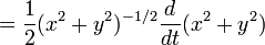 ={\frac  {1}{2}}(x^{2}+y^{2})^{{-1/2}}{\frac  {d}{dt}}(x^{2}+y^{2})