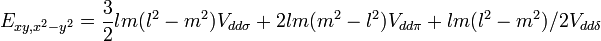 E_{{xy,x^{2}-y^{2}}}={\frac  {3}{2}}lm(l^{2}-m^{2})V_{{dd\sigma }}+2lm(m^{2}-l^{2})V_{{dd\pi }}+lm(l^{2}-m^{2})/2V_{{dd\delta }}