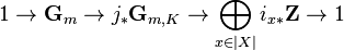 1\rightarrow {\mathbf  {G}}_{m}\rightarrow j_{*}{\mathbf  {G}}_{{m,K}}\rightarrow \bigoplus _{{x\in |X|}}i_{{x*}}{\mathbf  {Z}}\rightarrow 1