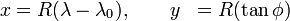 {\begin{aligned}x&=R(\lambda -\lambda _{0}),\qquad y&=R(\tan {\phi })\end{aligned}}