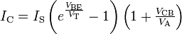 I_{{\mathrm  {C}}}=I_{{\mathrm  {S}}}\left(e^{{{\frac  {V_{{\mathrm  {BE}}}}{V_{{\mathrm  {T}}}}}}}-1\right)\left(1+{\begin{matrix}{\frac  {V_{{\mathrm  {CB}}}}{V_{{\mathrm  {A}}}}}\end{matrix}}\right)