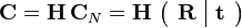 {\mathbf  {C}}={\mathbf  {H}}\,{\mathbf  {C}}_{{N}}={\mathbf  {H}}\,\left({\begin{array}{c|c}{\mathbf  {R}}&{\mathbf  {t}}\end{array}}\right)