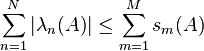 \sum _{{n=1}}^{N}|\lambda _{n}(A)|\leq \sum _{{m=1}}^{M}s_{m}(A)