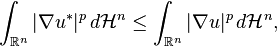 \int _{{{\mathbb  {R}}^{n}}}|\nabla u^{*}|^{p}\,d{\mathcal  {H}}^{n}\leq \int _{{{\mathbb  {R}}^{n}}}|\nabla u|^{p}\,d{\mathcal  {H}}^{n},