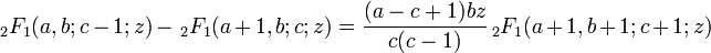 \,_{2}F_{1}(a,b;c-1;z)-\,_{2}F_{1}(a+1,b;c;z)={\frac  {(a-c+1)bz}{c(c-1)}}\,_{2}F_{1}(a+1,b+1;c+1;z)