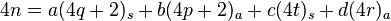 4n=a(4q+2)_{s}+b(4p+2)_{a}+c(4t)_{s}+d(4r)_{a}