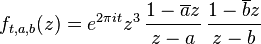 f_{{t,a,b}}(z)=e^{{2\pi it}}z^{3}\,{\frac  {1-\overline {a}z}{z-a}}\,{\frac  {1-\overline {b}z}{z-b}}