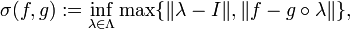 \sigma (f,g):=\inf _{{\lambda \in \Lambda }}\max\{\|\lambda -I\|,\|f-g\circ \lambda \|\},