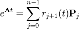 e^{{{\mathbf  {A}}t}}=\sum _{{j=0}}^{{n-1}}r_{{j+1}}{\left(t\right)}{\mathbf  {P}}_{{j}}