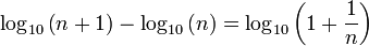 \log _{{10}}\left(n+1\right)-\log _{{10}}\left(n\right)=\log _{{10}}\left(1+{\frac  {1}{n}}\right)