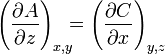 \left({\frac  {\partial A}{\partial z}}\right)_{{x,y}}\!\!\!=\left({\frac  {\partial C}{\partial x}}\right)_{{y,z}}