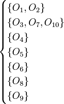 {\begin{cases}\{O_{{1}},O_{{2}}\}\\\{O_{{3}},O_{{7}},O_{{10}}\}\\\{O_{{4}}\}\\\{O_{{5}}\}\\\{O_{{6}}\}\\\{O_{{8}}\}\\\{O_{{9}}\}\end{cases}}