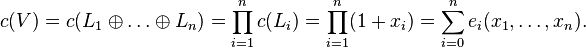 c(V)=c(L_{1}\oplus \dots \oplus L_{n})=\prod _{{i=1}}^{n}c(L_{i})=\prod _{{i=1}}^{n}(1+x_{i})=\sum _{{i=0}}^{n}e_{i}(x_{1},\dots ,x_{n}).