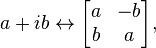 a+ib\leftrightarrow {\begin{bmatrix}a&-b\\b&a\end{bmatrix}},