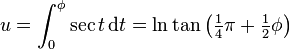 u=\int _{0}^{\phi }\sec t\,{\mathrm  {d}}t=\ln \tan \left({\tfrac  14}\pi +{\tfrac  12}\phi \right)