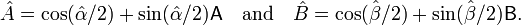 {\hat  {A}}=\cos({\hat  {\alpha }}/2)+\sin({\hat  {\alpha }}/2){\mathsf  {A}}\quad {\text{and}}\quad {\hat  {B}}=\cos({\hat  {\beta }}/2)+\sin({\hat  {\beta }}/2){\mathsf  {B}}.