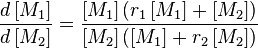 \frac {d\left [M_1 \right]}{d\left [M_2\right]}=\frac{\left [M_1\right]\left (r_1\left[M_1\right]+\left [M_2\right]\right)}{\left [M_2\right]\left (\left [M_1\right]+r_2\left [M_2\right]\right)}