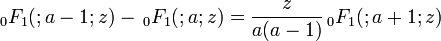 \,_{0}F_{1}(;a-1;z)-\,_{0}F_{1}(;a;z)={\frac  {z}{a(a-1)}}\,_{0}F_{1}(;a+1;z)