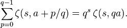 \sum _{{p=0}}^{{q-1}}\zeta (s,a+p/q)=q^{s}\,\zeta (s,qa).