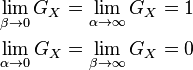 {\begin{aligned}\lim _{{\beta \to 0}}G_{X}=\lim _{{\alpha \to \infty }}G_{X}=1\\\lim _{{\alpha \to 0}}G_{X}=\lim _{{\beta \to \infty }}G_{X}=0\end{aligned}}