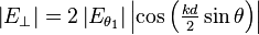 \textstyle {\left|E_{\perp }\right|=2\left|E_{{\theta _{1}}}\right|\left|\cos \left({kd \over 2}\sin \theta \right)\right|}