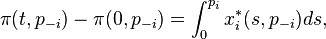 \pi (t,p_{{-i}})-\pi (0,p_{{-i}})=\int _{{0}}^{{p_{{i}}}}x_{{i}}^{{\ast }}(s,p_{{-i}})ds,