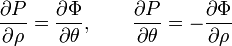 {\frac  {\partial P}{\partial \rho }}={\frac  {\partial \Phi }{\partial \theta }},\ \ \ \ \ \ {\frac  {\partial P}{\partial \theta }}=-{\frac  {\partial \Phi }{\partial \rho }}