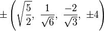 \pm \left({\sqrt  {{\frac  {5}{2}}}},\ {\frac  {1}{{\sqrt  {6}}}},\ {\frac  {-2}{{\sqrt  {3}}}},\ \pm 4\right)