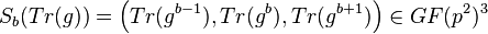 S_{b}(Tr(g))=\left(Tr(g^{{b-1}}),Tr(g^{b}),Tr(g^{{b+1}})\right)\in GF(p^{2})^{3}