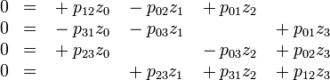 {\begin{matrix}0&=&{}+p_{{12}}z_{0}&{}-p_{{02}}z_{1}&{}+p_{{01}}z_{2}&\\0&=&{}-p_{{31}}z_{0}&{}-p_{{03}}z_{1}&&{}+p_{{01}}z_{3}\\0&=&{}+p_{{23}}z_{0}&&{}-p_{{03}}z_{2}&{}+p_{{02}}z_{3}\\0&=&&{}+p_{{23}}z_{1}&{}+p_{{31}}z_{2}&{}+p_{{12}}z_{3}\end{matrix}}